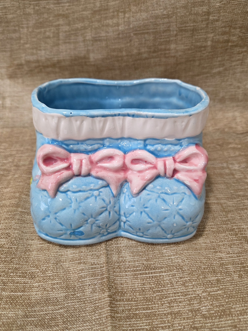 Vintage Blue Ceramic Baby Bootie Planter with Pink Bows